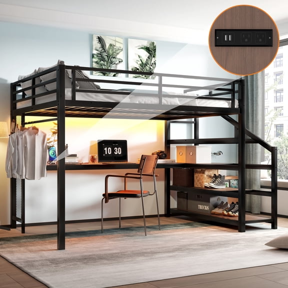 Harper & Bright Designs Queen Loft Bed with Desk and Storage Stairs, Metal Loft Bed Frame with Hanging Area and Guardrail, Heavy Duty Loft Bed with LED Lights and USB Ports, Black
