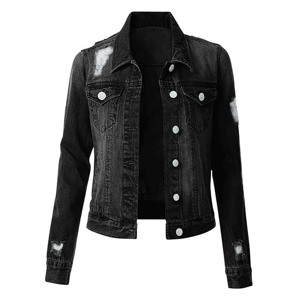 Chaqueta vaquera de manga larga con capucha y bolsillos para mujer, chaqueta vaquera con agujeros y reductora, cárdigan