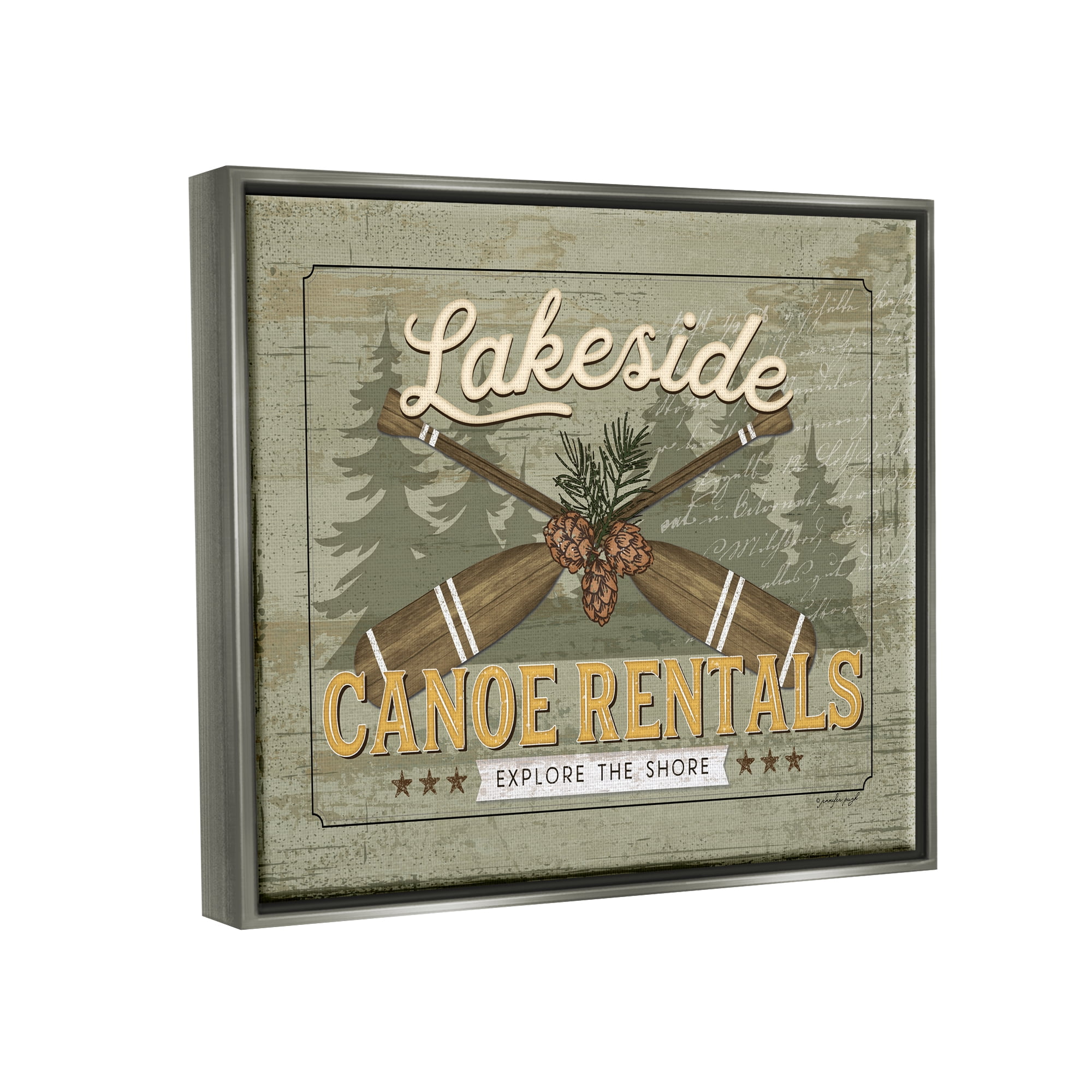 Stupell Lakeside Canoe Rentals Vintage Rustic Landscape Painting Gray Floater Framed Art Print Wall Art