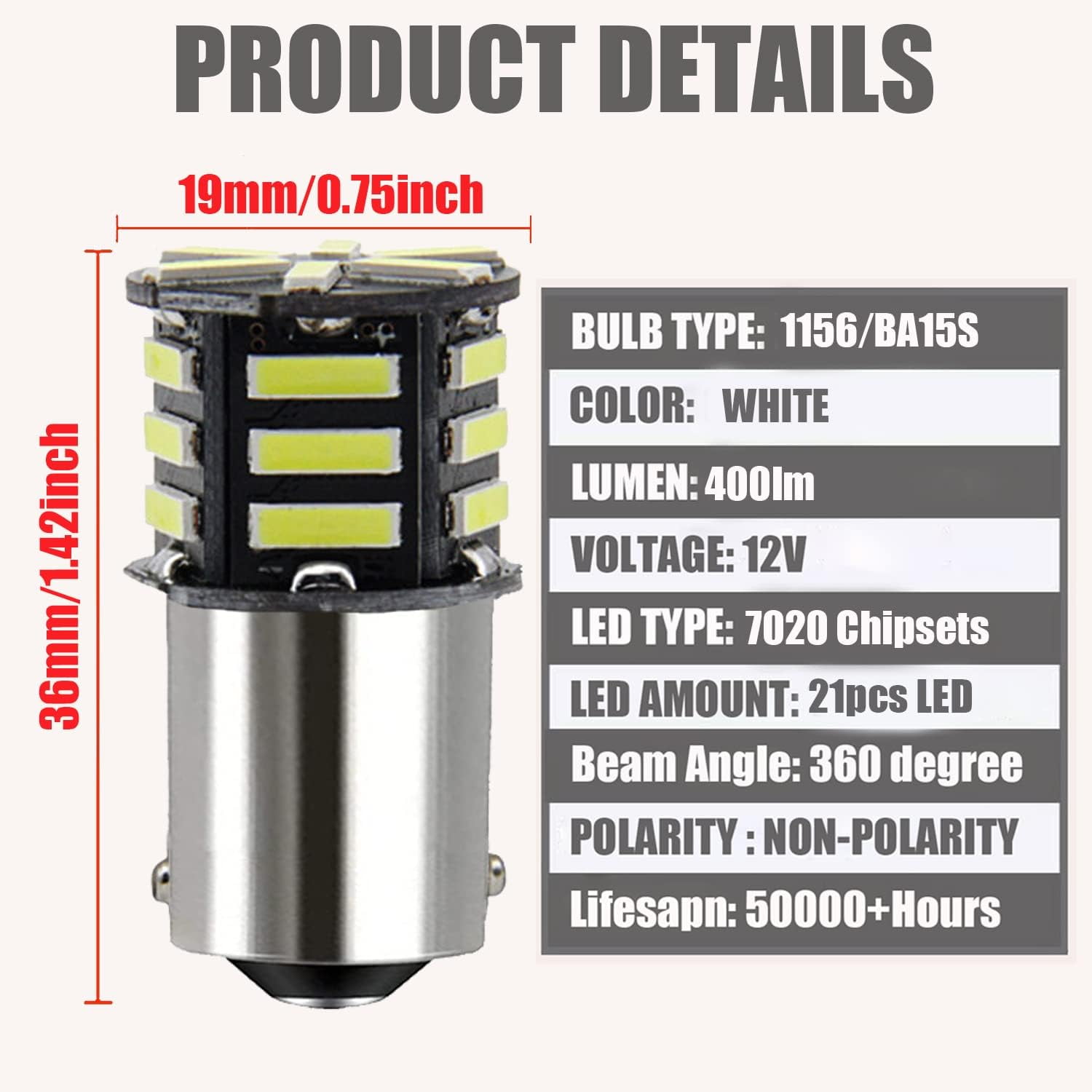 1156 LED Bulb Red 12V-24V Super Bright - Pack Of 2 For Brake Tail Turn Signal Parking Lights (7506 1141 BA15S P21W)