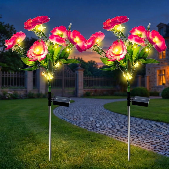 Rirool Solar Camellia Flower Garden Stake Lights, 7 Heads Outdoor Solar Lights Waterproof, Warm White Decorative Lights for Yard Lawn Patio Pathway, Pink 2 Pack