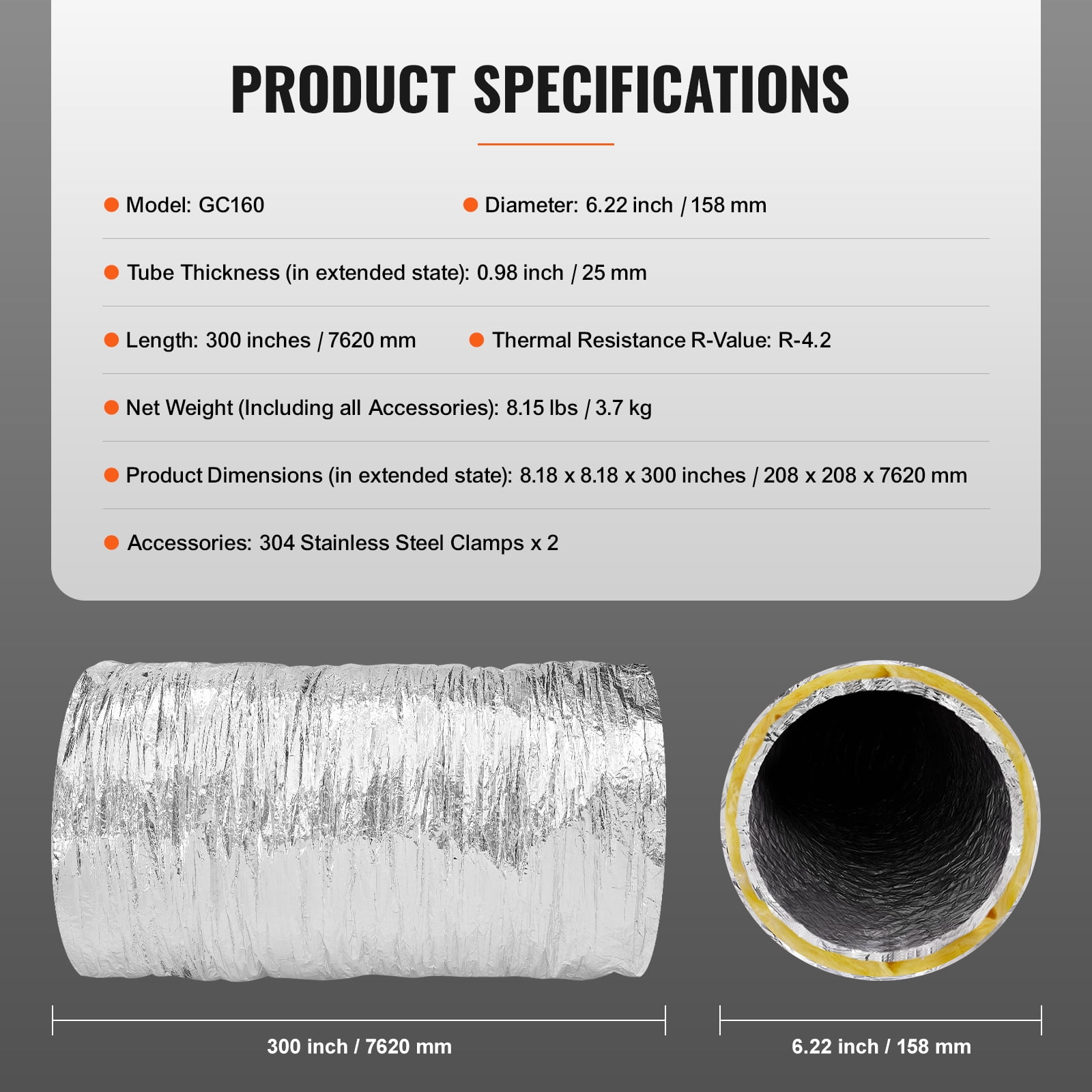 KFFKFF 6in x 25ft Insulated Flexible Duct Dryer Vent Hose HVAC Ventilation R-4.2