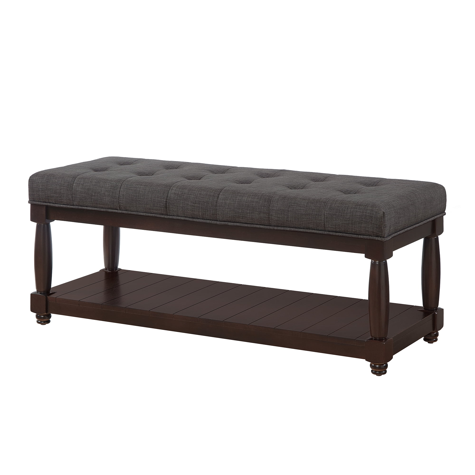 Leumius Upholstered Linen Bench with Storage Shelf, Solid Wood Spindle Legs Accent Furniture Tufted Ottoman Bench for Bedroom Entryway Living Room Dark Gray
