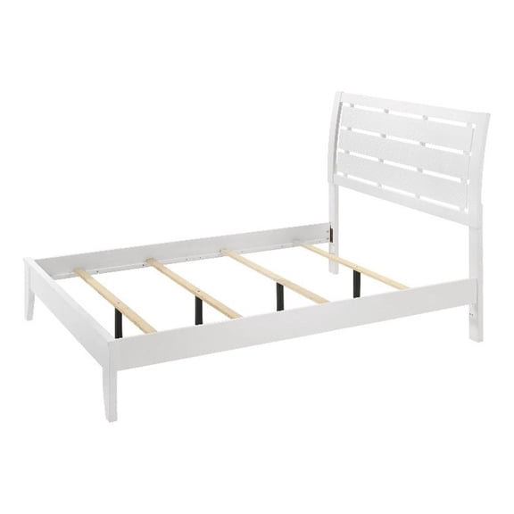 Benjara Eve King Size Bed- Slatted Headboard- Chamfered Legs- White Wood- Modern