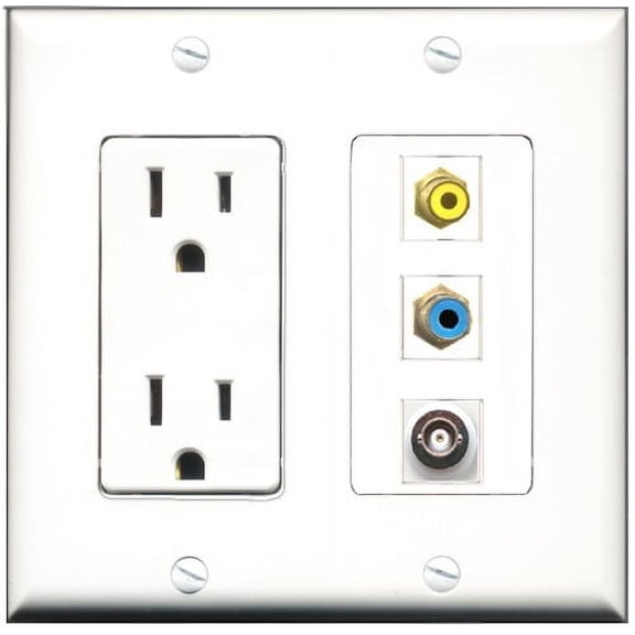 RiteAV - 15 Amp Power Outlet 1 Port RCA Yellow 1 Port RCA Blue 1 Port BNC Decorative Wall Plate