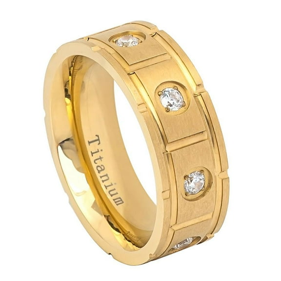 8MM Comfort Fit Titanium Wedding Band Gold Tone Brushed Finish CZ Titanium Ring (Size 7 to 15)