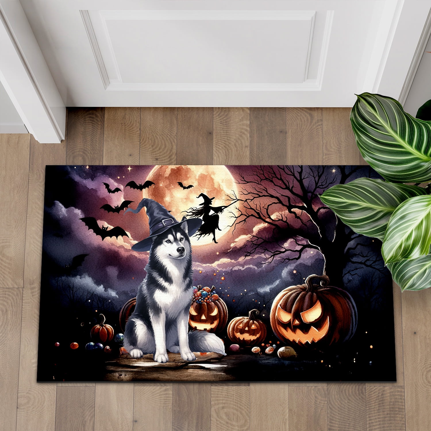 Spooky Halloween Night Witch Siberian Husky Glowing Pumpkins Doormat Husky Dog Lover Gifts Indoor Outdoor Welcome Mat - 12015