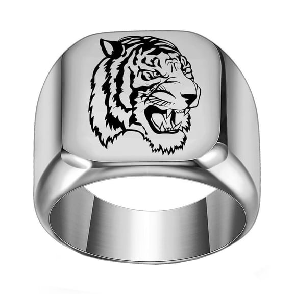 HIJONES Men's 18mm Animal Tiger Stainless Steel Polished Ring Minimalist Personalized Vintage Band Jewelry Silver Size 11