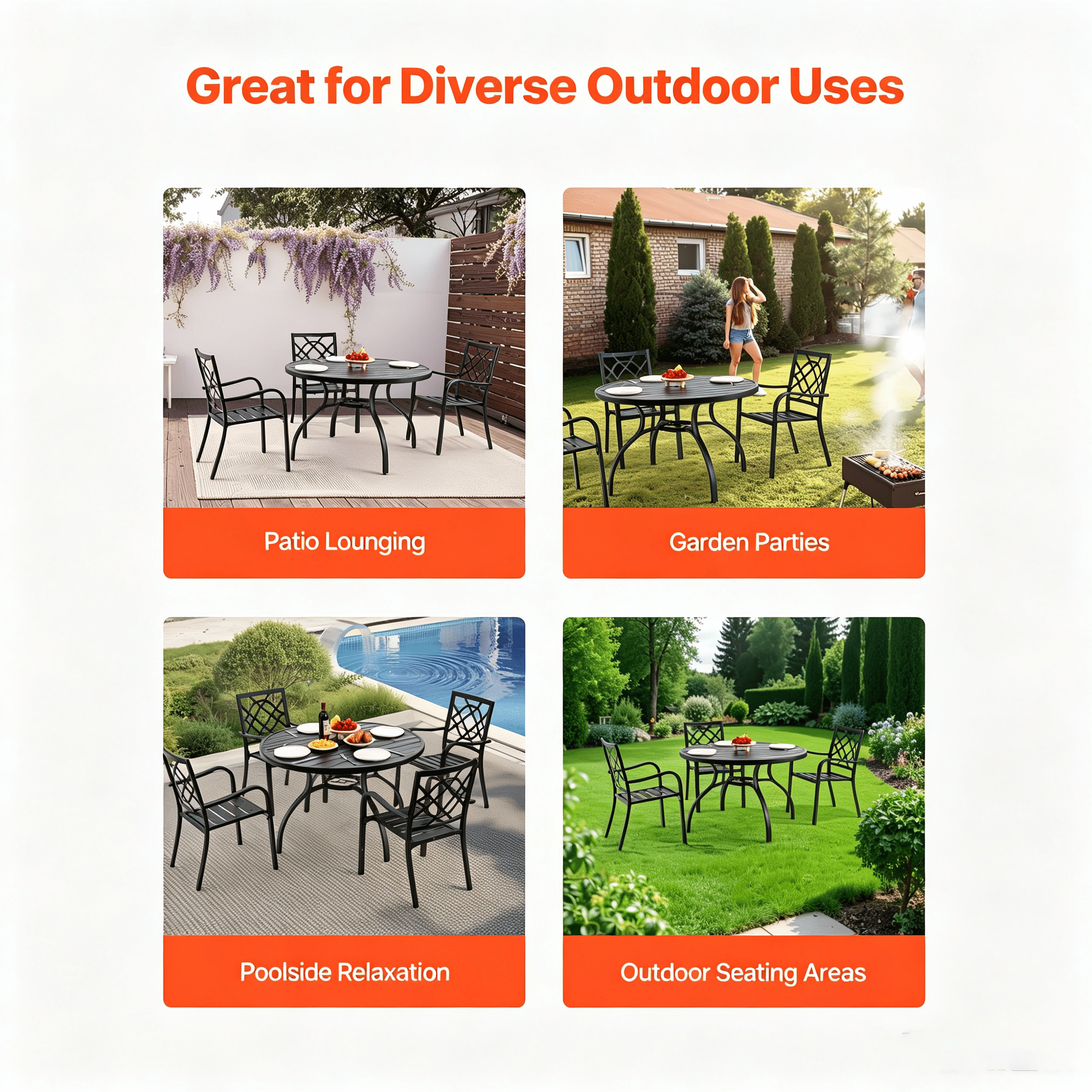 Outdoor Patio Dining Table, 47 inch Round Metal Steel Slat Backyard Bistro Tables, with 1.5 in Umbrella Hole, Outside All-Weather Large Furniture for Lawn Garden Porch, Black