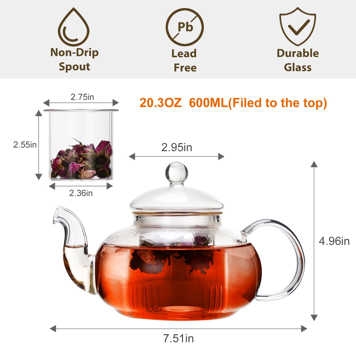 Warmyee Hofu Small Clear High Borosilicate Glass Tea Pot with Removable 304 Stainless Steel Infuser, Heat Resistant Loose Leaf Teapot,Stovetop Safe