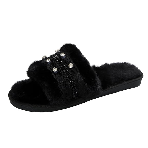 Fengactive Womens Plush Double Strap Slide Slippers with Rhinestone Beaded Decor Indoor Cozy House Slippers