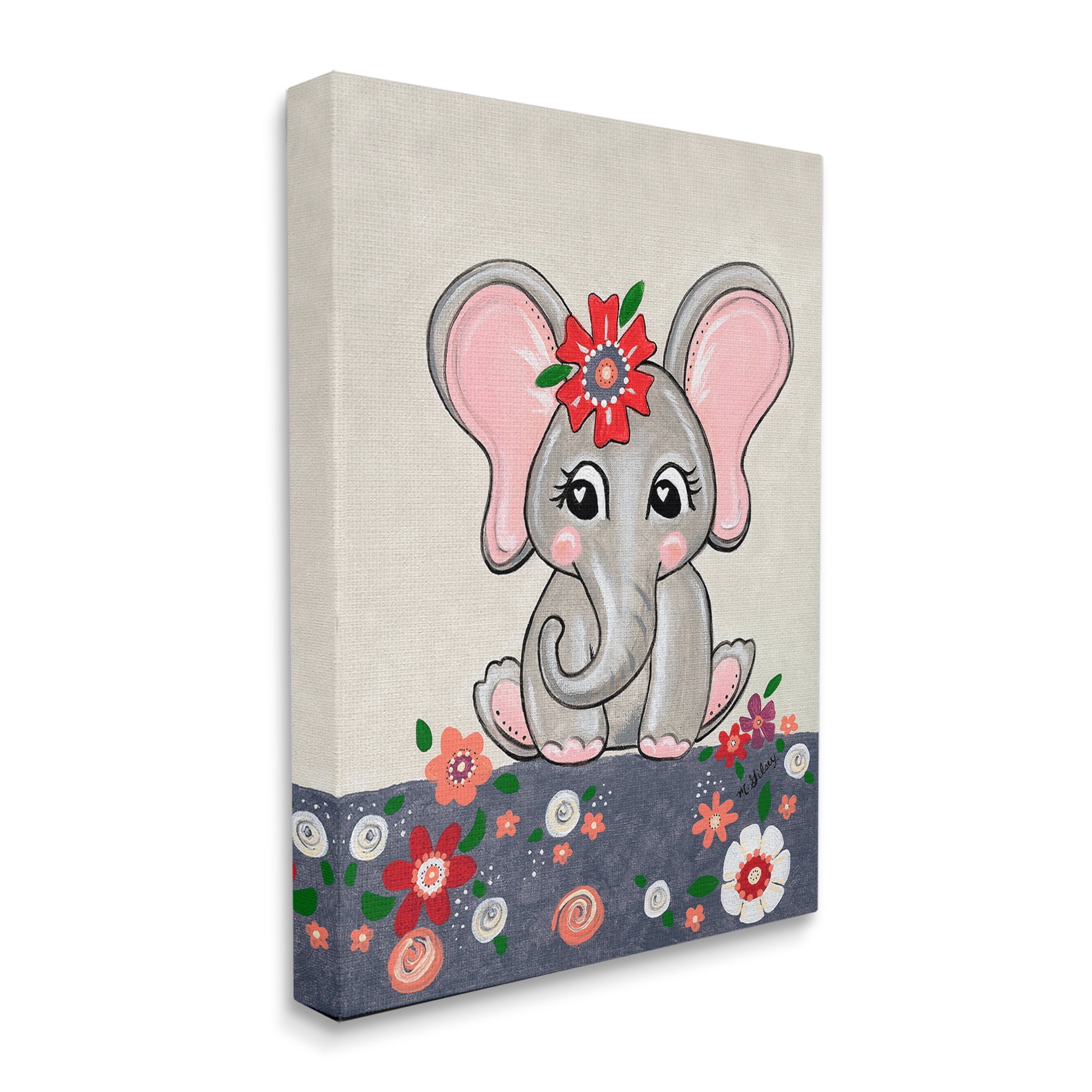 Stupell Industries Baby Elephant & Flowers Animals & Insects Painting Gallery Wrapped Canvas Art Print Wall Art, 24 x 30
