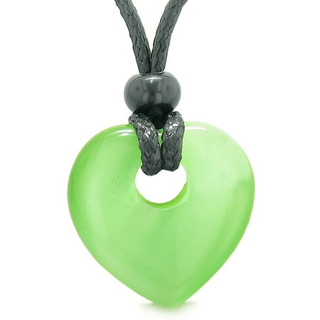 Rembrandt Cat Charm - Amulet Lucky Heart Donut Shaped Charm Neon Green Simulated Cats Eye Pendant Magic Powers Necklace