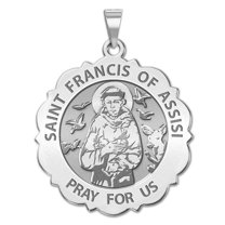 Saint Francis of Assisi Scalloped Religious Medal  - 2/3 inch Size of Dime, Solid 14K White Gold