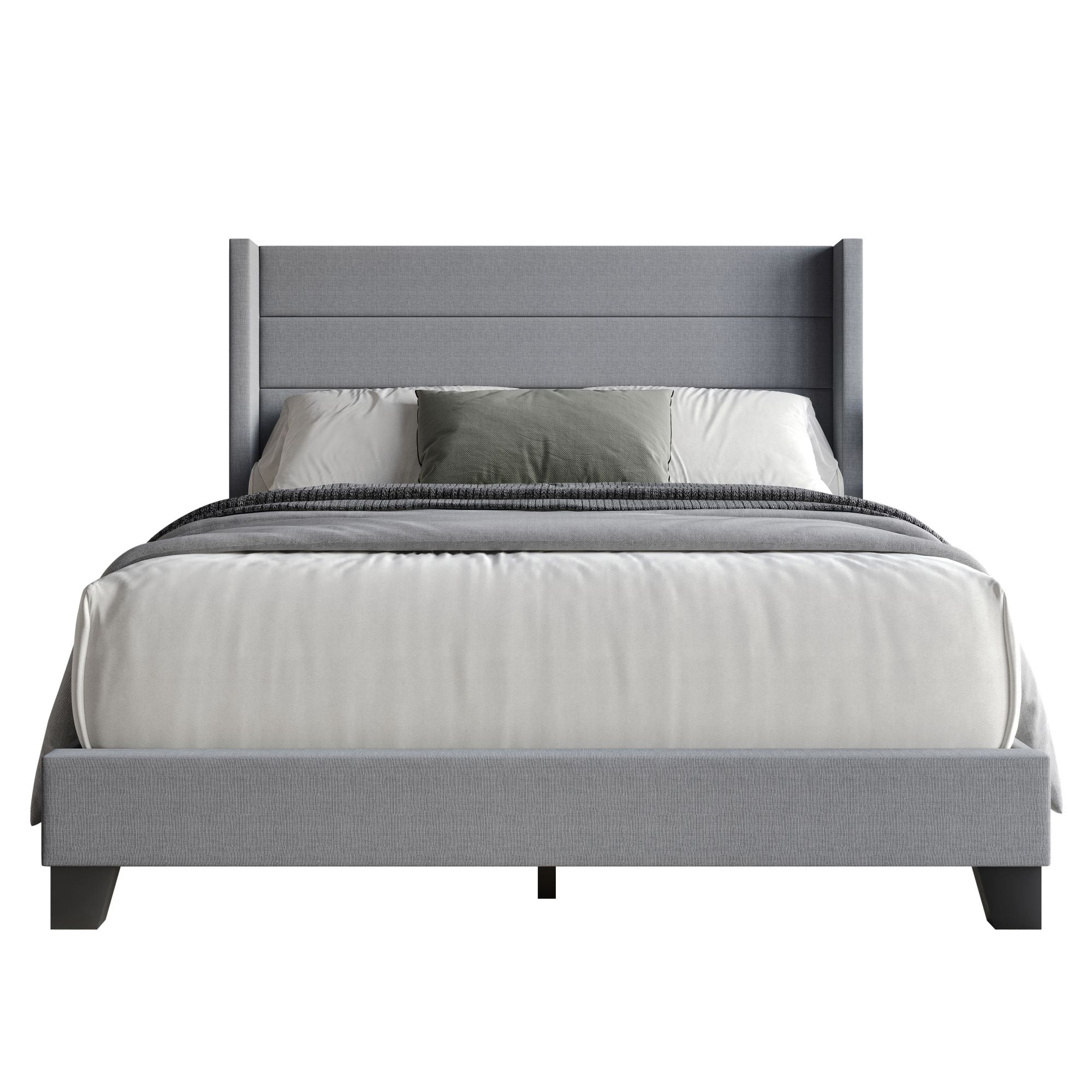 Home Design Niles Full Upholstered Panel Bed Frame with Wingback Headboard and Foam-Padded Support, Gray, Easy Assembly