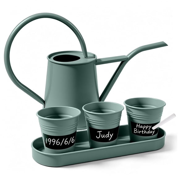Longrun Light Green Decaled Watering Can Set with 3 Mini Flower Pots & Tray, Decor for Windowsill Patio Hallway