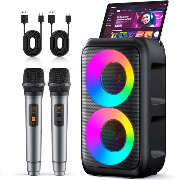 Karaoke Machine, Portable Bluetooth Speaker, PA Speaker with 2 Wireless Karaoke Microphones, Karaoke Machine for Adults Kids with