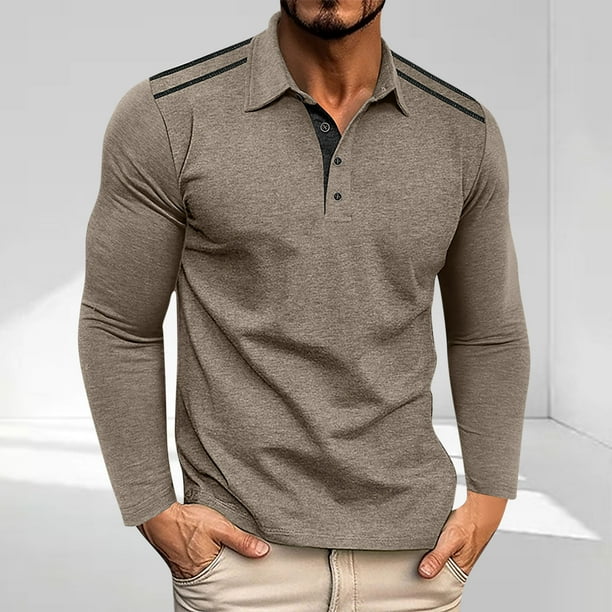 pstuiky camisa de manga larga para hombre, Camiseta deportiva informal, versátil y de color liso con botones y solapa de manga larga para hombre Tops de hombre l
