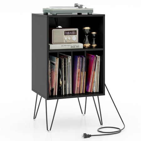 Patiojoy Home Record Player Stand w/ Storage 3-Tier Vinyl Record Storage Cabinet Turntable Stand w/ Charging Station Open Shelf & 4 Dividers Black