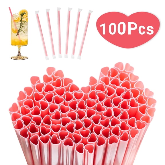 Valentine's Day Heart Shaped Straws Disposable Individually Heart Shaped Pink Straws for Party Wedding Birthday Bridal Shower Decor 100PCS