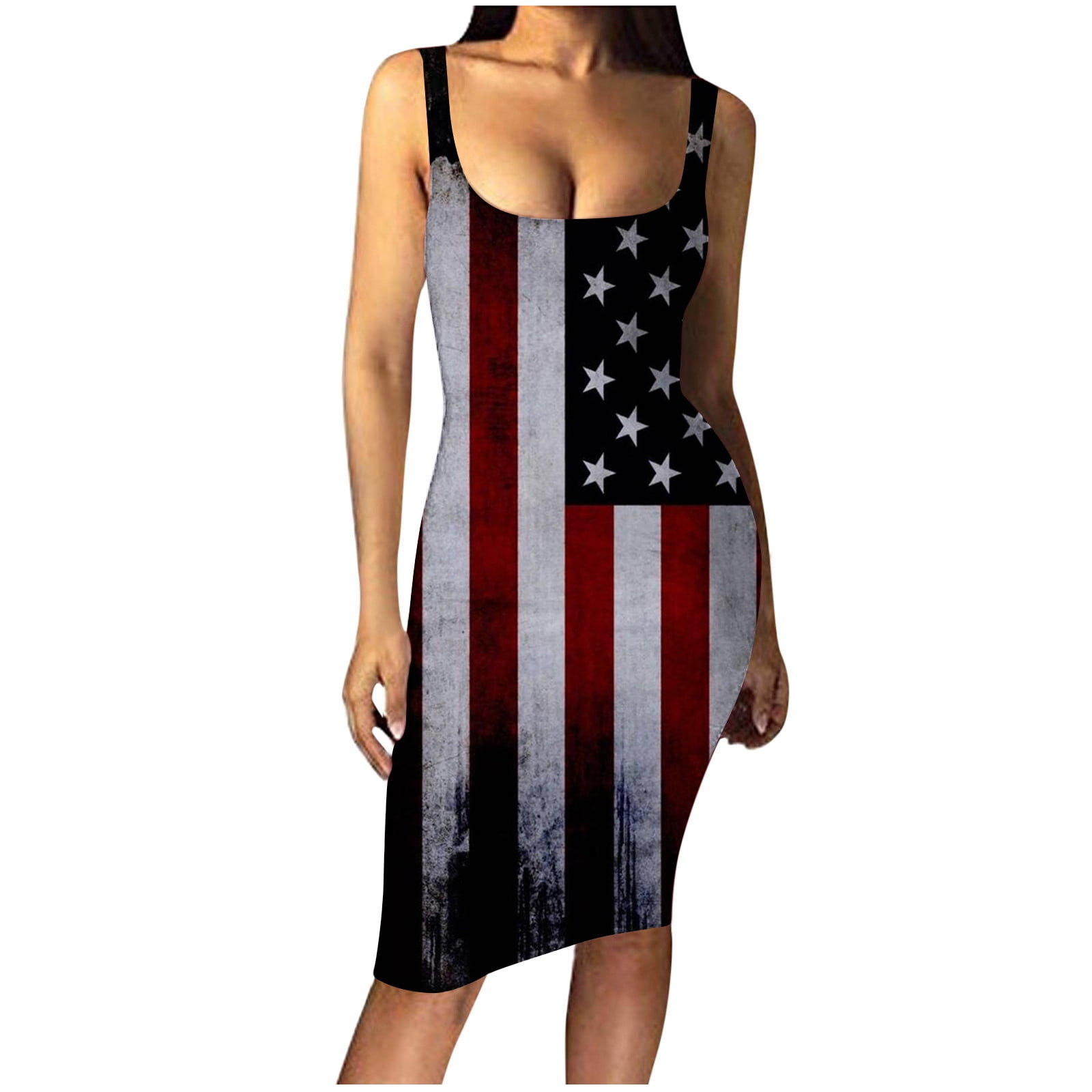 Ladies American Flag Printing Casual t-Shirt Dresses Womens Midi Stripes Tank Dress 