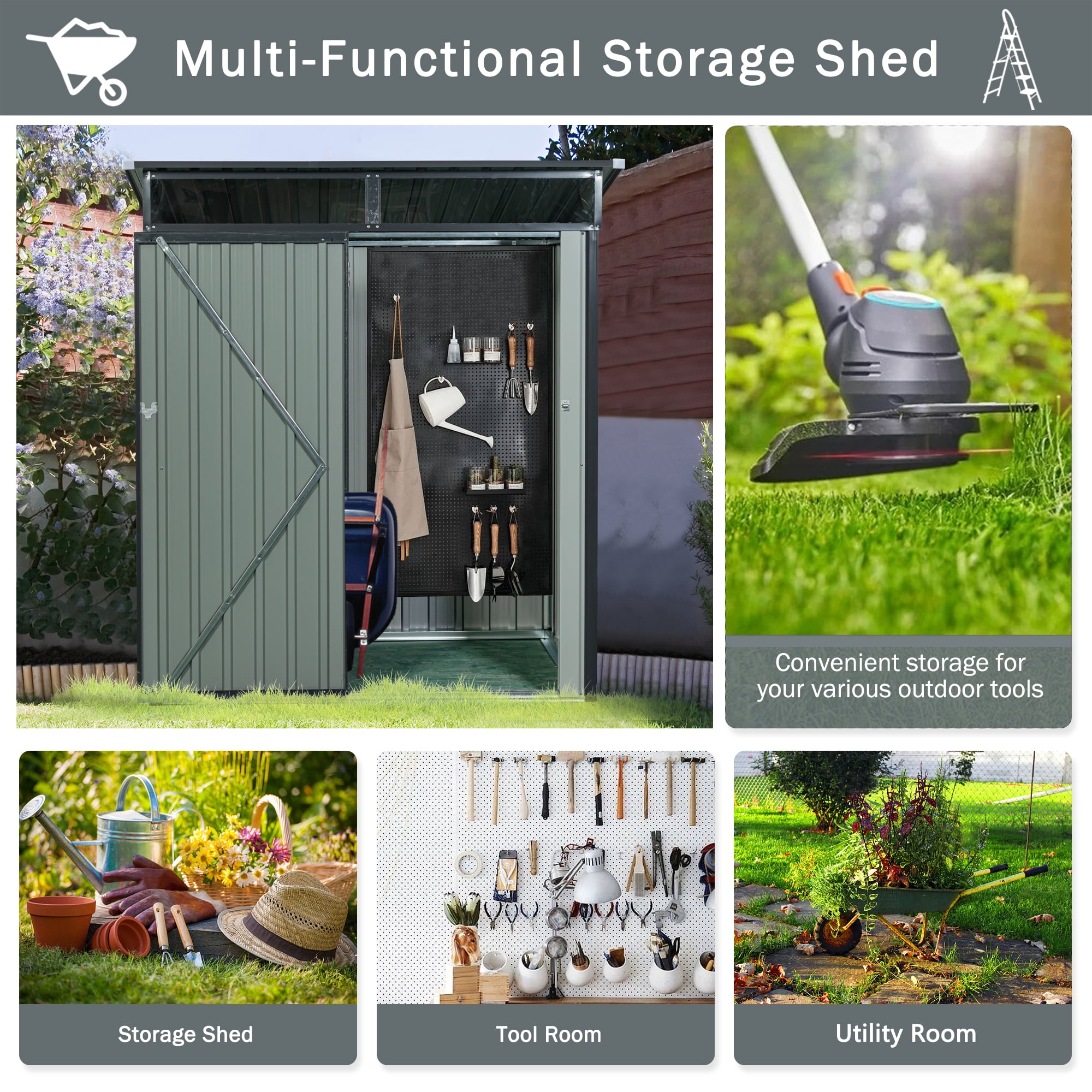 EXRACING Shed 5*3 ft Outdoor Metal Storage Shed with Single Door Steel Garden Shed Single Slope Roof,Gray