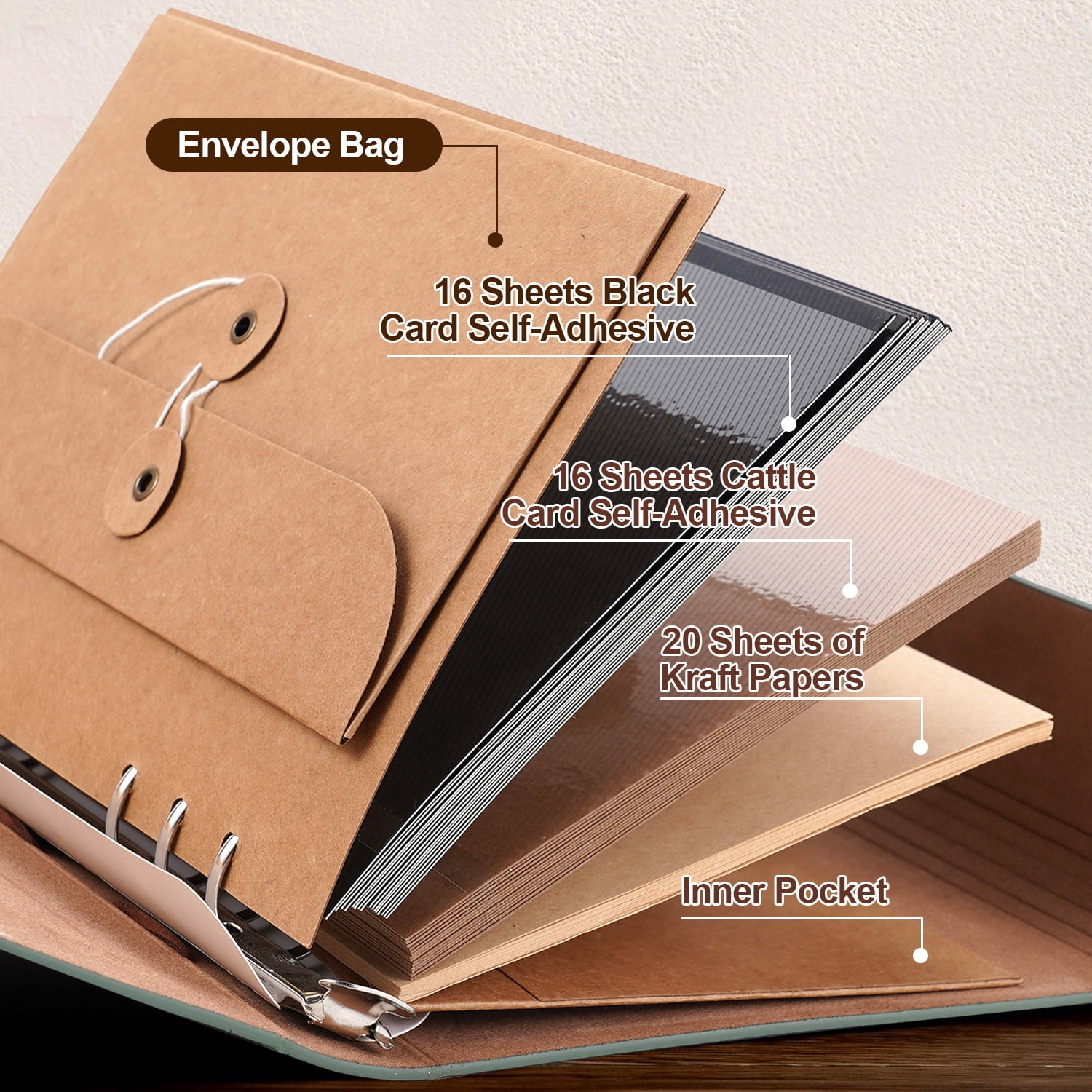TJT 104 Pages Scrapbook Album, Self Adhesive Photo Album DIY Photo Book, Leather Memory Book for Wedding Baby Family Travel Birthday Christmas Green