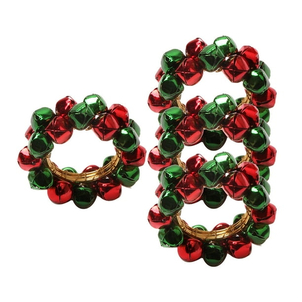 4 piezas de servilleteros navideños con cascabeles para decoración de mesa, campanas de metal rojo verde