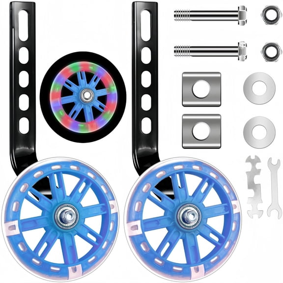 Qiucioku Training Wheels, Adjustable Flash Blue Stabilizers with Bracket, Universal Fit for 12-20 Inch Children's Bicycles, with 2 Wrenches and Mounting Kit