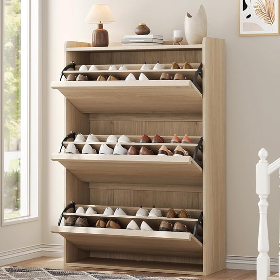 Shoe Cabinet with 3 Flip Drawers, Modern Shoe Storage for Entryway, Wooden Shoe Organizer Cabinet with Adjustable Shelf, Hidden Shoe Rack for Hallway, Living Room, Natural