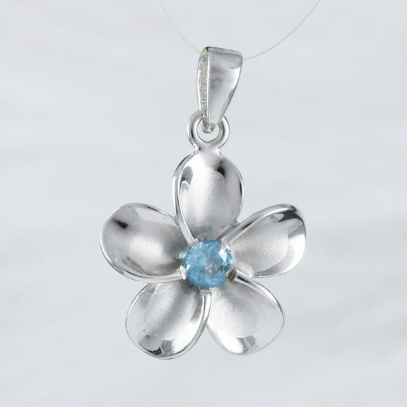 Beautiful Hawaiian Genuine Blue Topaz Plumeria Necklace, Sterling Silver Plumeria Flower Pendant, N9157 Birthday Valentine Mom Gift