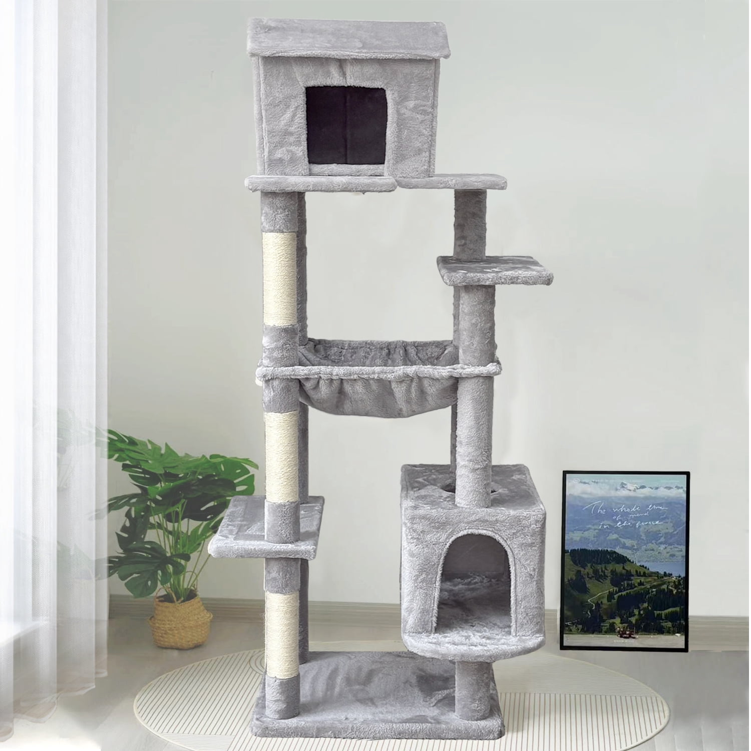 64in Cat Tree with Unique Cat House, Hammock, Scratching Posts - Plush Cat Tower for Indoor Cats, Ideal for Multiple Cats