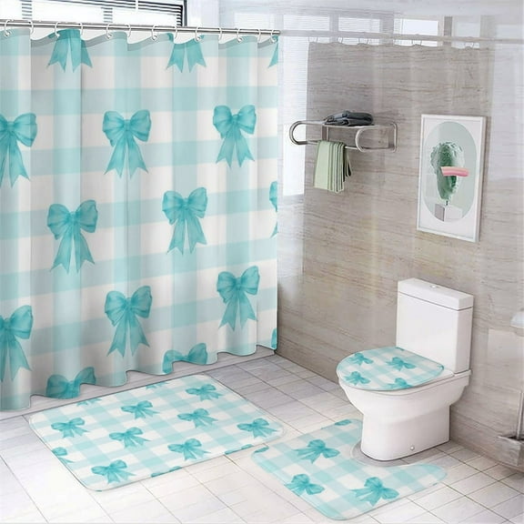 Blue Bow Checkered Pattern Shower Curtain Set Modern Bathroom Decor Mats 4pcs Fabric Bathroom Curtain Slip Floor Rug Toilet Lid