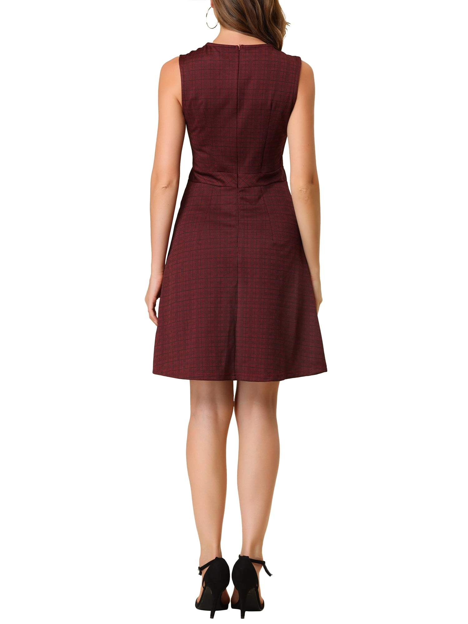 DARING DIVA Houndstooth Plaid Sleeveless Fit Flare Knit Dress XS Burgundy-B