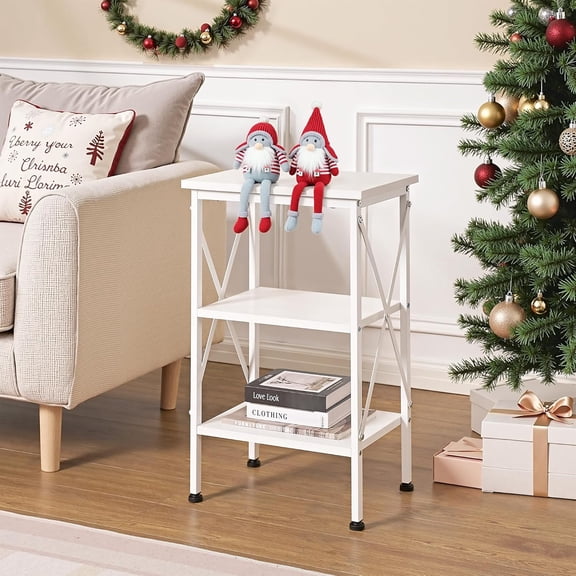 End Table Set of 2, Bedside Table, 24" Tall Living Room End Tables, X-Design Reinforced Nightstands, Side Table with 3-Tier Storage Shelves for Small Spaces, Office, Bedroom, White