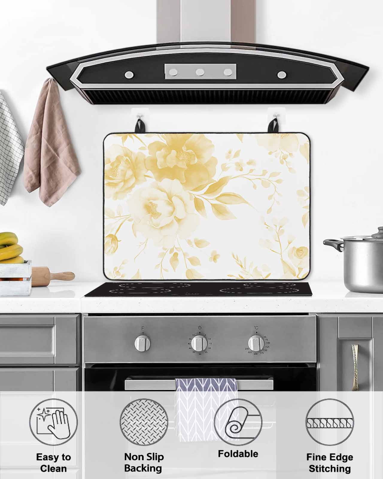 nqOlkjepod Large Induction Cooktop Protector Mat 36"x21", Yellow Floral Art Stove Top Covers for Electric Stove, Watercolor Botanical Spring Flowers Stove Burner Cover Mats, Glass Top Stove Cover