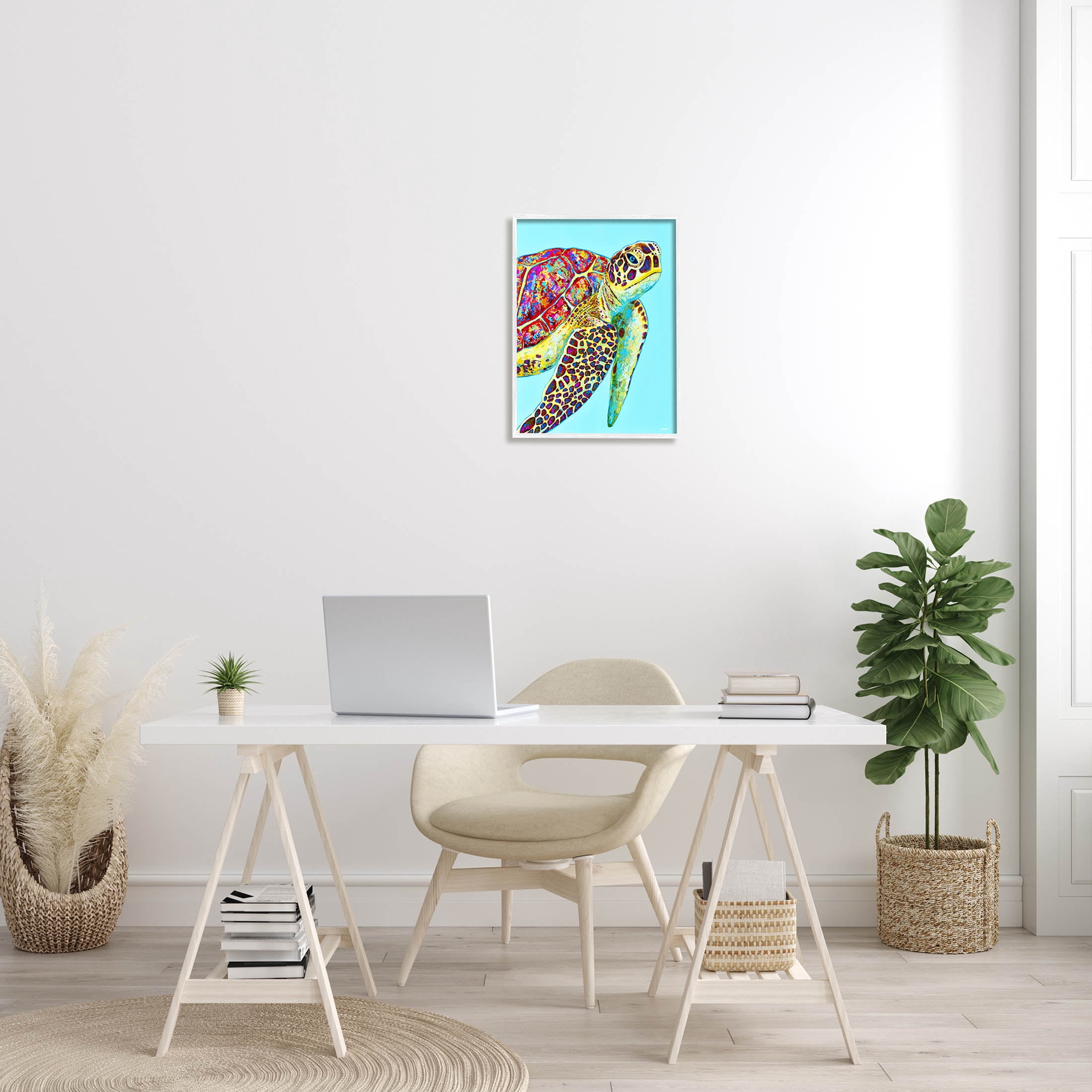 Swimming Sea Turtle Turquoise Accent Animals & Insects Graphic Art White Framed Art Print Wall Art