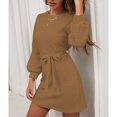 thumbnail image 3 of Long Sleeved Dress for Woman Crew Neck Pure Color Breathable Waffle Pattern Women Belted Dress Wrap Dress for Daily Life Brown XL, 3 of 6