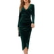 thumbnail image 4 of Vestido de terciopelo de manga larga con cuello en V y envoltura navideña para mujer Mini vestidos de fiesta de cóctel fruncidos elegantes (verde), 4 of 6