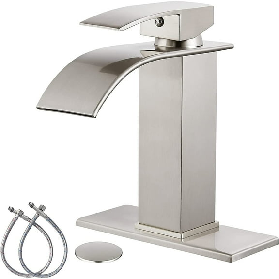 gotonovo Brushed Nickel Bathroom Sink Faucet Waterfall Spout Single Handle 1 Hole Deck Mount Mixer Tap Lavatory Vanity Sink Faucet Commercial with Deck Plate and Pop Up Drain