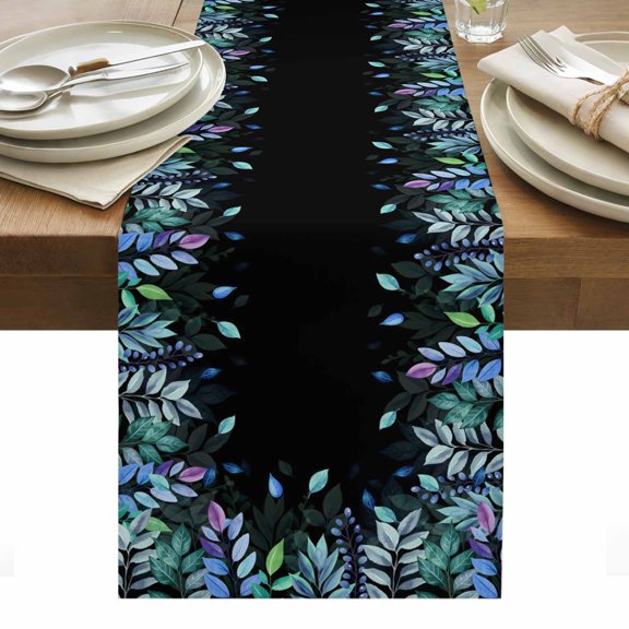 Colorful Leaf Table Runner - 72 Inch Long, Kitchen Dining Table Runner Dresser Scarves, Farm Pastoral Plant Watercolor Black Farmhouse Decor for Coffee Tables Wedding Party Banquet