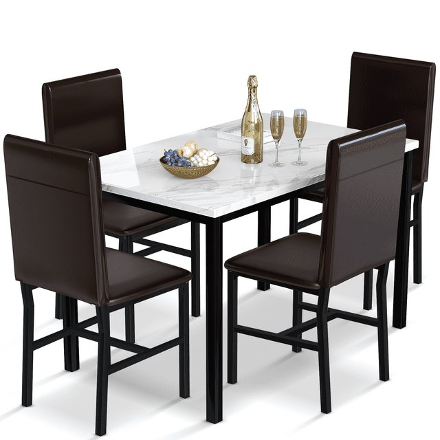 Stmoze Marble Dinning Table Sets for 4, Rectangle Kitchen Table and Chairs, Dining Room Table Set with 4 PU Leather Chairs, Faux Marble Dining Set for Small Space,Living Room, White
