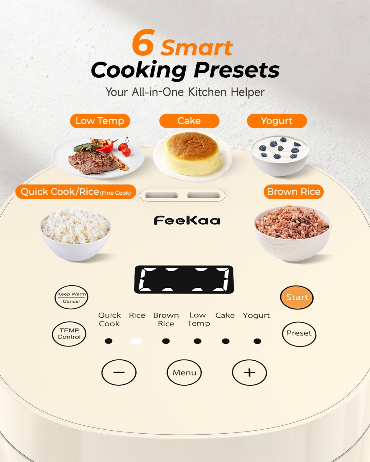 Lacidoll Low Temperature Cooking 3-Cup Uncooked / 6-Cup Cooked Electric Rice Cookers, White - Adjustable Temperature, 6 Menu Options, 12H Delay Timer