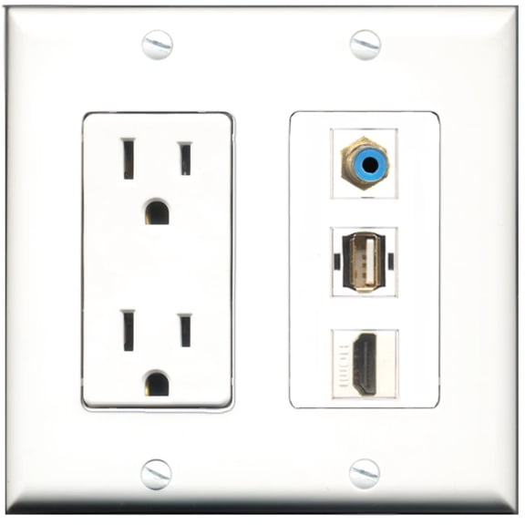 Ultra Spec Cables 15 Amp Power Outlet 1 Port HDMI 1 Port RCA Green 1 Port USB A-A Wall Plate
