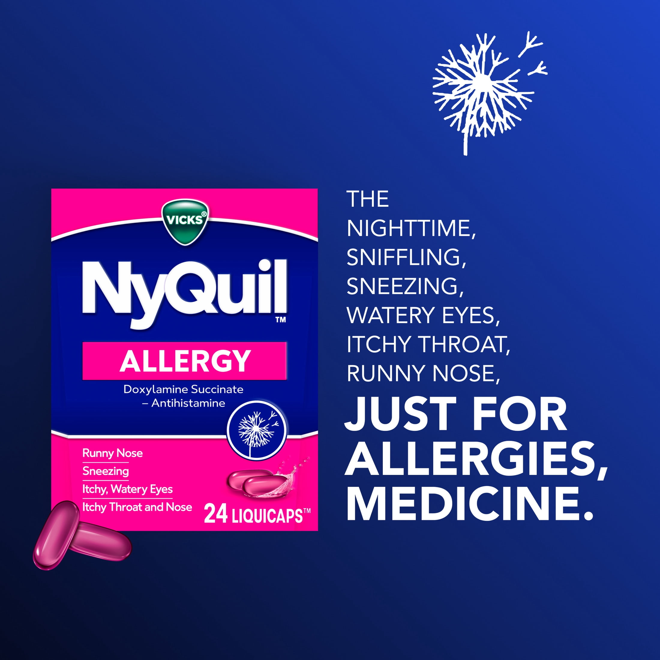 Vicks NyQuil Allergy LiquiCaps, Nighttime Allergy Medicine for Adults, 24 Count