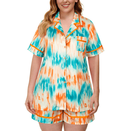 

Women s Plus Size Notch Collar Short Sleeve Sleepwear Two Piece Tie Dye Pajama Set Button Down Pj Set XL-4XL