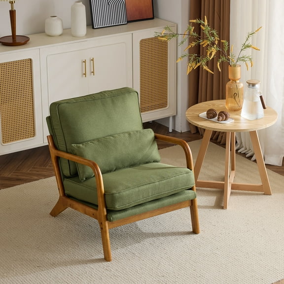 HOWEN Mid-Century Modern Accent Chair, Living Room Chairs with Pillow Corduroy Upholstered Lounge Armchair with Solid Wood Frame & Soft Cushion for Bedroom, Reading Room,Hunter Green
