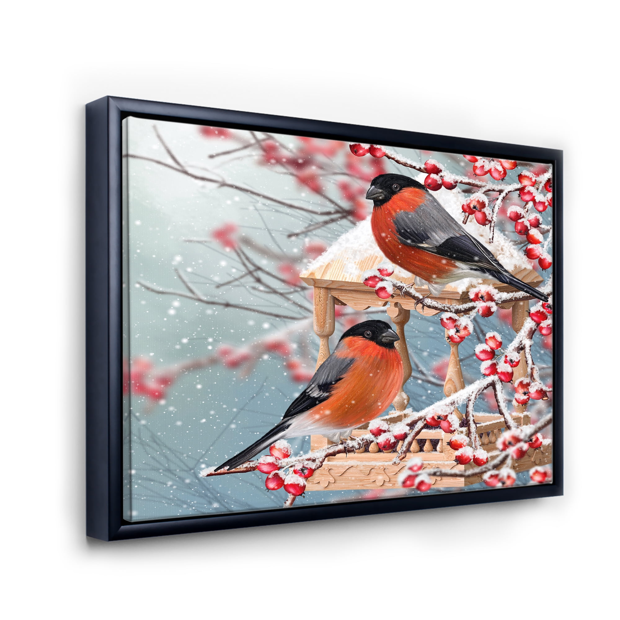 Designart 'Two Tits Sit On A Snow-Covered Berries Branch ' Traditional Framed Canvas Wall Art Print