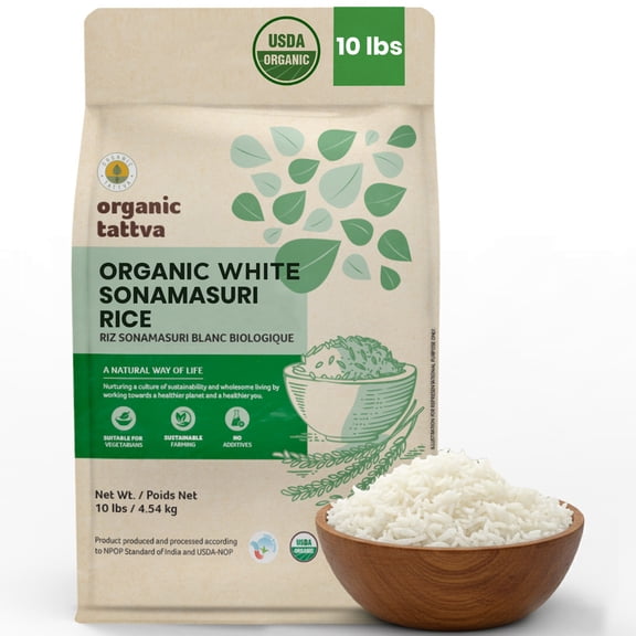 Organic Tattva Sonamasuri Rice 10LB, Short Grain Rice, Vegan, Kosher, Non GMO, No Additives, Gluten Free, USDA Certified