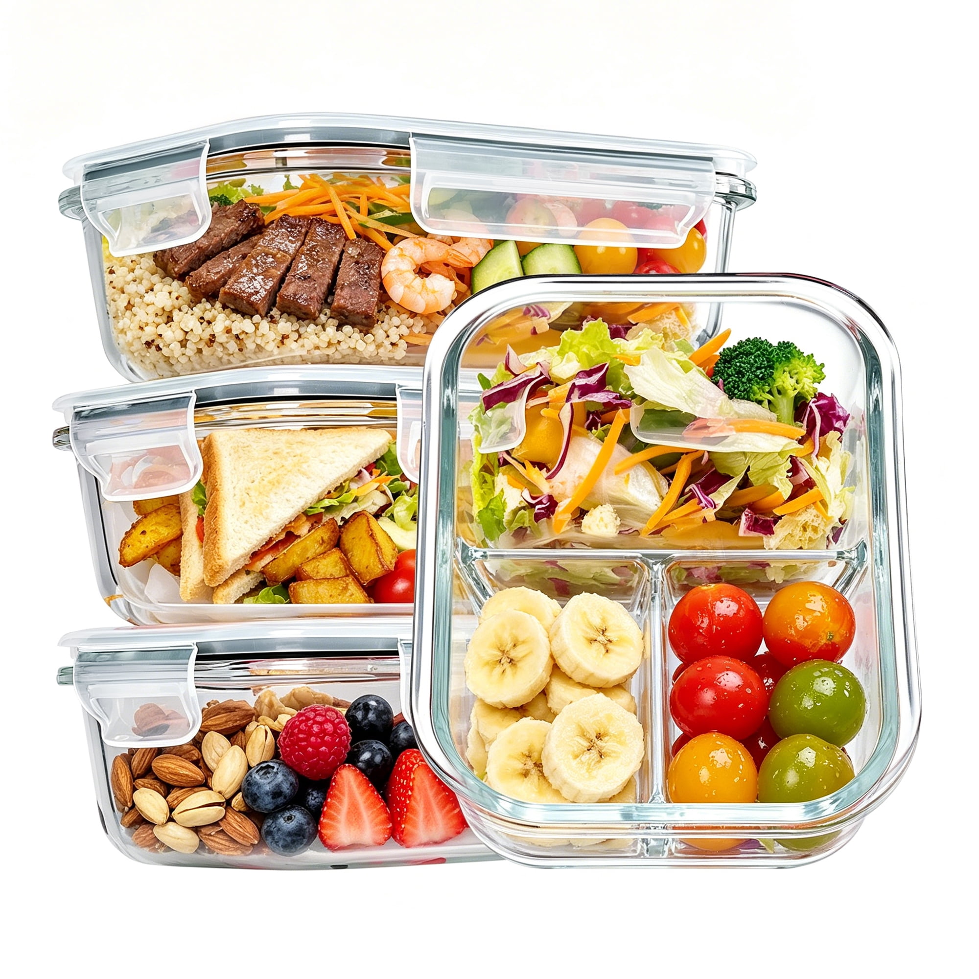 Sindcom 4 Pack 33oz Glass Food Storage Containers with Compartments, Meal Prep Bento Boxes, for Microwave, Oven, Freezer, Gray